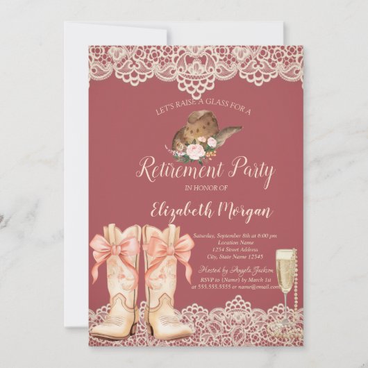 Cowgirl Pet Laarzen Kant Pensioen Uitnodiging (Voorkant)
