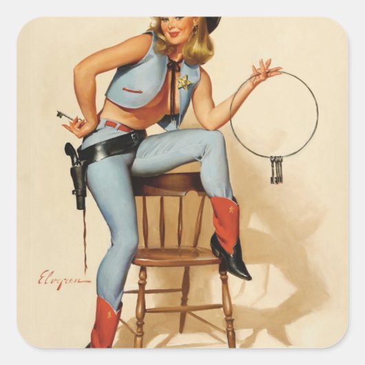 Cowgirl Pin-up Girl Vierkante Sticker (Voorkant)