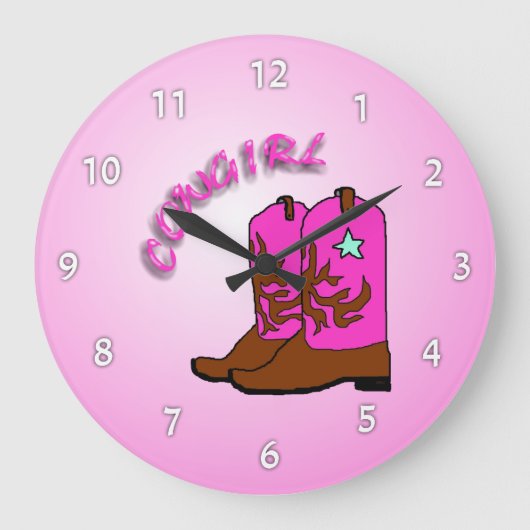 Cowgirl Pink Boots Girl's Bedroom Wall Clock Grote Klok (Voorkant)