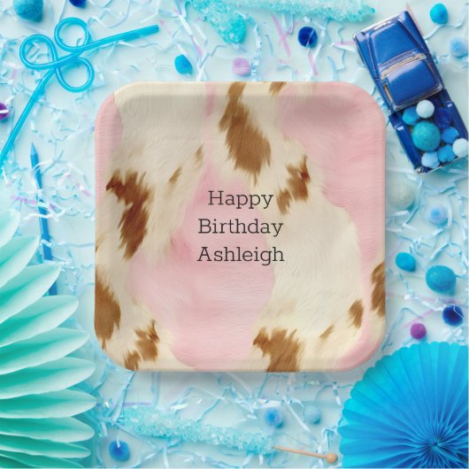 Cowgirl Pink Cream Brown Koeienhuid Verjaardag Papieren Bordje (Feest)