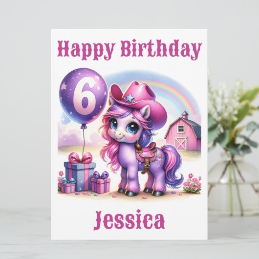 Cowgirl Pony 6-jarige Verjaardag Kaart (Staand voorkant)