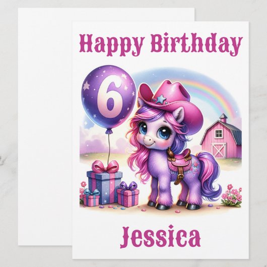 Cowgirl Pony 6-jarige Verjaardag Kaart (Voorkant / Achterkant)