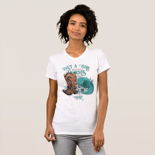 Cowgirl quote turquoise lederen cowboylaarzen pet t-shirt (Voorkant volledig)