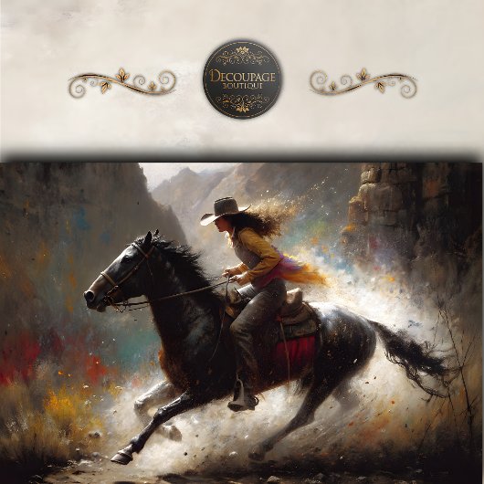 Cowgirl Riding Black Horse Canyon Decoupage  Tissuepapier