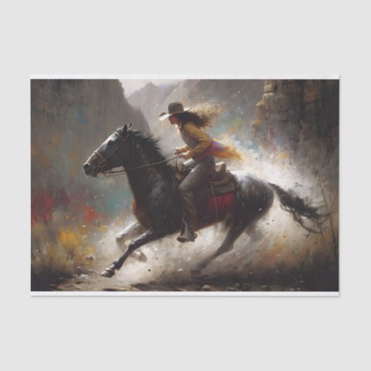 Cowgirl Riding Black Horse Canyon Decoupage  Tissuepapier (Voorkant)