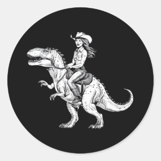 Cowgirl Riding Dinosaur Ronde Sticker