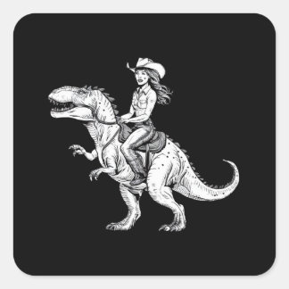 Cowgirl Riding Dinosaur Vierkante Sticker