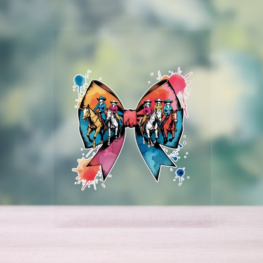 Cowgirl Riding Horse Coquette Bow Acryl Bord (Neutraal)