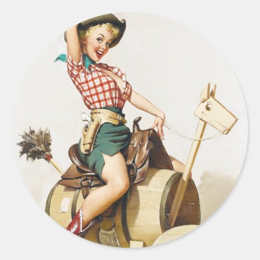 Cowgirl Riding Pin up Ronde Sticker (Voorkant)