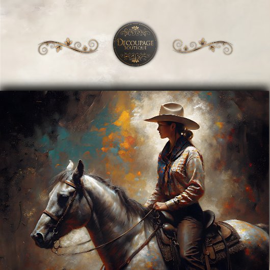 Cowgirl Riding White Horse Sunset Decoupage Tissuepapier