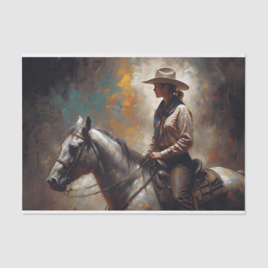 Cowgirl Riding White Horse Sunset Decoupage Tissuepapier (Voorkant)