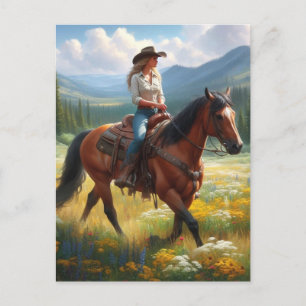 Cowgirl Rijden Paard door Wildflowers Briefkaart