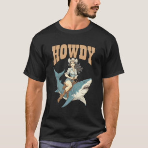 Cowgirl rijdt haai rodeo kunst grappige westerse z t-shirt