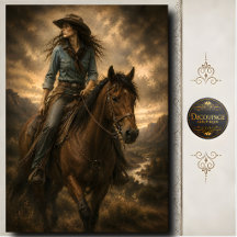 Cowgirl rijdt op bruine paard Western landschapsku