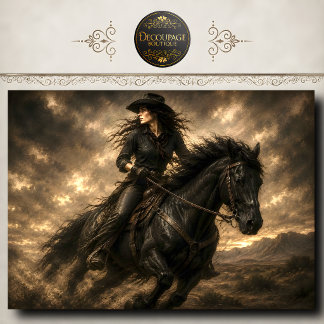 Cowgirl rijdt op zwart paard western muurkunst tissuepapier