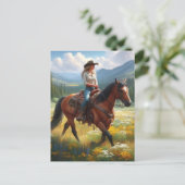 Cowgirl rijdt paard door wilde bloemen ansichtkaar briefkaart (Staand voorkant)