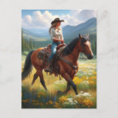 Cowgirl rijdt paard door wilde bloemen ansichtkaar briefkaart (Voorkant)