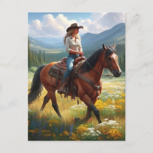 Cowgirl rijdt paard door wilde bloemen ansichtkaar briefkaart (Voorkant)