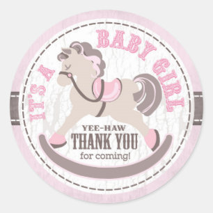 Cowgirl Rocking Horse Western Baby shower Ronde Sticker