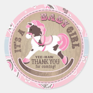 Cowgirl Rocking Horse Western Baby shower Ronde Sticker