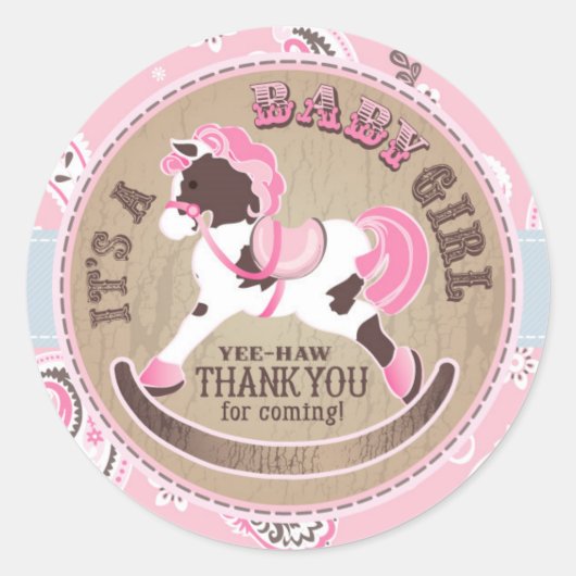 Cowgirl Rocking Horse Western Baby shower Ronde Sticker (Voorkant)