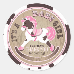 Cowgirl Rocking Horse Western Baby shower Ronde Sticker