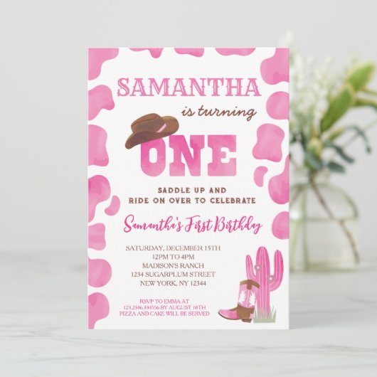 Cowgirl Rodeo Hot Pink Eerste Verjaardag Uitnodigi Kaart (Staand voorkant)