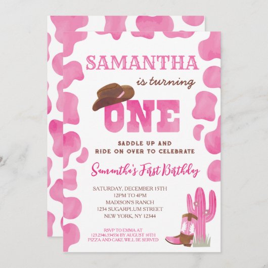 Cowgirl Rodeo Hot Pink Eerste Verjaardag Uitnodigi Kaart (Voorkant / Achterkant)