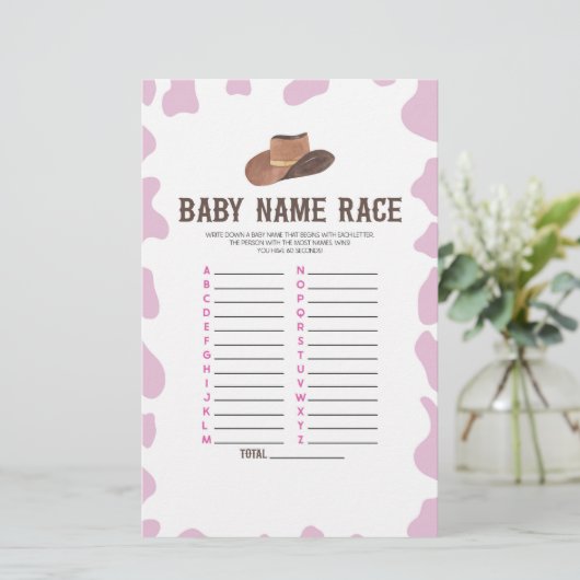 Cowgirl Rodeo Naam Race Baby shower Spelactiviteit Briefpapier (Staand voorkant)