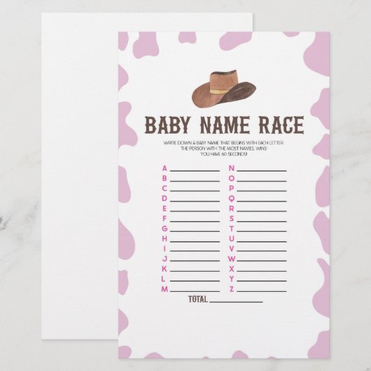 Cowgirl Rodeo Naam Race Baby shower Spelactiviteit Briefpapier (Voorkant / Achterkant)