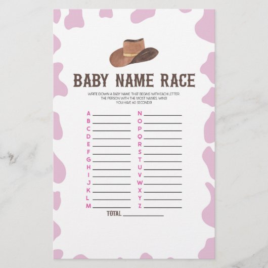 Cowgirl Rodeo Naam Race Baby shower Spelactiviteit Briefpapier (Voorkant)