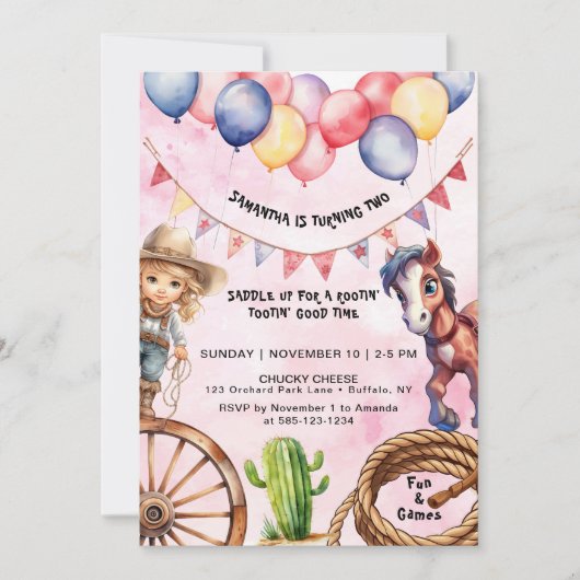 Cowgirl Rootin' Tootin' Time verjaardagsuitnodigin Kaart (Voorkant)