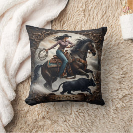 Cowgirl Roping a Bull tijdens een Rodeo-evenement Kussen