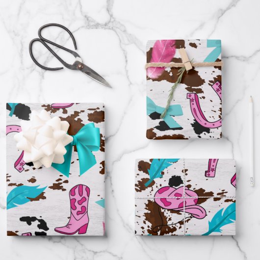 Cowgirl Roze & Blauwgroen Coquette Wrapping Papier Inpakpapier Vel (Voorkant)