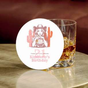 Cowgirl Roze Country Disco 21ste Verjaardagsfeestj Ronde Kartonnen Onderzetter