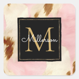 Cowgirl Roze Cream Bruin Koeienhuid Goud Monogram Vierkante Sticker