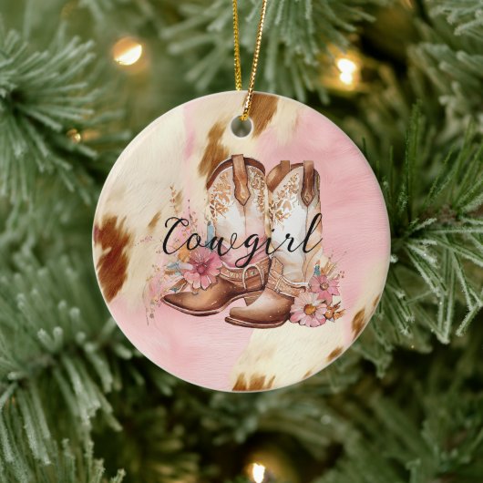 Cowgirl roze crème bruin Koeienhuid bloemlaarzen Keramisch Ornament (Boom)