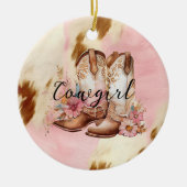 Cowgirl roze crème bruin Koeienhuid bloemlaarzen Keramisch Ornament (Voorkant)