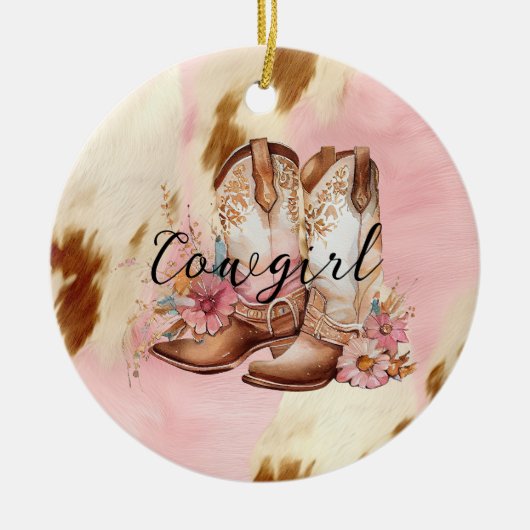 Cowgirl roze crème bruin Koeienhuid bloemlaarzen Keramisch Ornament (Voorkant)