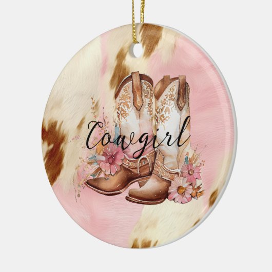 Cowgirl roze crème bruin Koeienhuid bloemlaarzen Keramisch Ornament (Links)