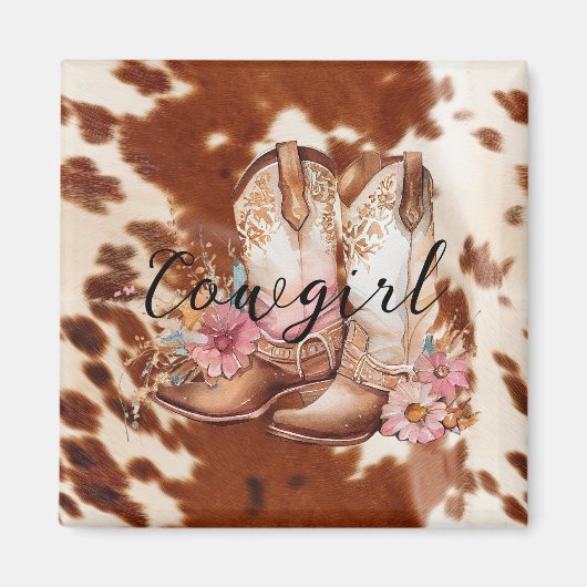 Cowgirl roze crème bruin Koeienhuid bloemlaarzen Magneet (Voorkant)