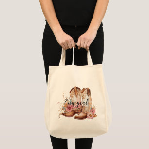 Cowgirl roze crème bruin Koeienhuid bloemlaarzen Tote Bag