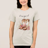 Cowgirl roze crème bruin Koeienhuid bloemlaarzen Tri-Blend Shirt (Voorkant)