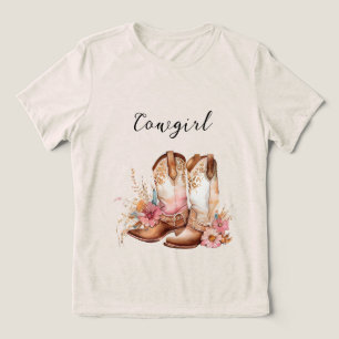 Cowgirl roze crème bruin Koeienhuid bloemlaarzen Tri-Blend Shirt