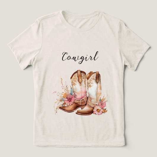 Cowgirl roze crème bruin Koeienhuid bloemlaarzen Tri-Blend Shirt (Design voorkant)