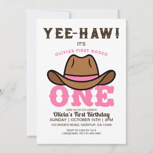 Cowgirl roze eerste rodeo eerste verjaardag kaart (Voorkant)