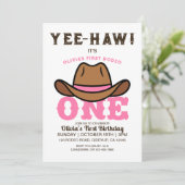 Cowgirl roze eerste rodeo eerste verjaardag kaart (Staand voorkant)