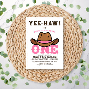 Cowgirl roze eerste rodeo eerste verjaardag kaart