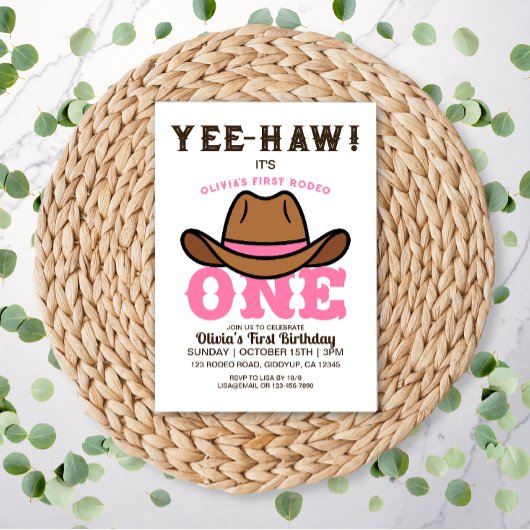 Cowgirl roze eerste rodeo eerste verjaardag kaart