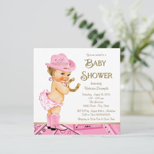 Cowgirl Roze Goud Hoefijzer Cowgirl Baby shower Kaart (Staand voorkant)